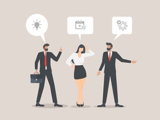 businessmen and businesswoman discussing concept, team working on project together.