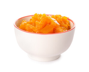 Bowl of tasty pumpkin jam on white background