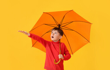 Cute little boy in autumn clothes and with umbrella on color background