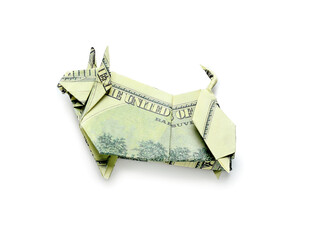 Origami bull as symbol of year 2021 on white background