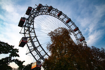 looking up to the big ferris wheel at the Vienna Prater park