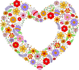 Heart shaped frame with cute colorful flowers in doodle style. Colorful vector image.