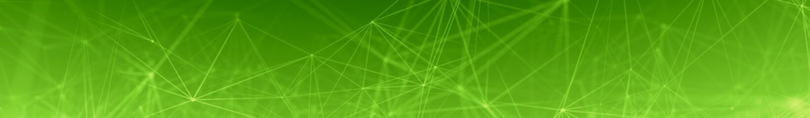 Fototapeta na wymiar Abstract background with triangular cells for design. Bright green digital illustration with polygons on a vivid gradient background as Full Web Banner size. Concept for eco intelligence network.
