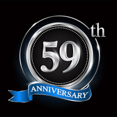 59th anniversary logo with silver ring and blue ribbon.