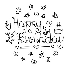 Happy Birthday. Black and white handdrawn line doodle print for a balloon or t-shirt. Hearts, cake, stars and flowers for girls