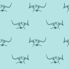 Vector seamless pattern of the symbol of the new 2021. Silhouette of a bulls muzzle with long horns in blue and turquoise colors. Hand drawn animal sketch