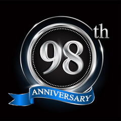 98th anniversary logo with silver ring and blue ribbon.