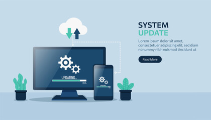Landing page template of system update on computer and smartphone devices vector illustration. - obrazy, fototapety, plakaty