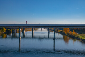 row of bridges on the new Danube in Vienna in autumn
