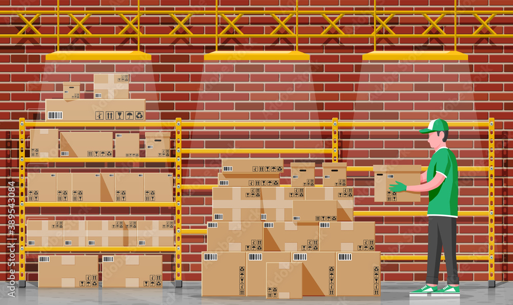 Poster warehouse interior with goods, mover and container package boxes. pile cardboard boxes set. carton d