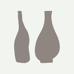 Set of two of hand drawn vase and bottle isolated on a light background. Doodle, simple illustration, the silhouettes of the elements. It can be used for decoration of textile, paper.