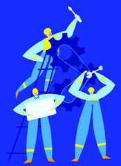 Maintenance team with ladder, wrench, spanner and other tools repair equipment with gears. Mechanics and engineer working together to fix mechanical cogwheel