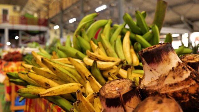 bunch of yellow bananas in Fort de France market coconuts on a stall Martinique 