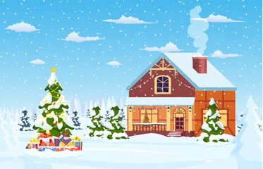 Obraz na płótnie Canvas Suburban house covered snow. Building in holiday ornament. Christmas landscape tree spruce. Happy new year decoration. Merry christmas holiday. New year xmas celebration. Vector illustration