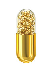 Golden capsule pill with spheres inside isolated on white. Clipping path included