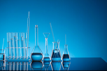 Science concept. Laboratory equipment composition. Test tubes on blue background.
