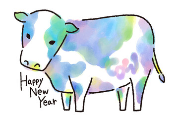 2021年賀状・カラフルな水彩牛の年賀状 ・Colorful watercolor cow