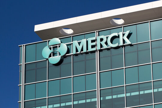 South San Francisco, CA, USA - Feb 8, 2020: The Merck logo at Merck Researches Laboratories in South San Francisco. Merck & Co., Inc. is an American multinational pharmaceutical company.