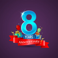 8th Anniversary celebration logo, with gift box and balloons, red ribbon.