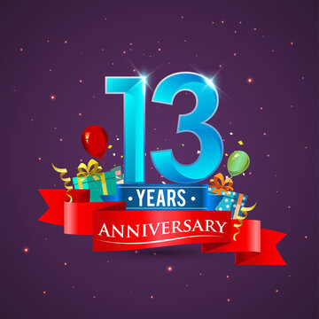 13th Anniversary celebration logo, with gift box and balloons, red ribbon.