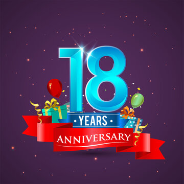 18th Anniversary celebration logo, with gift box and balloons, red ribbon.
