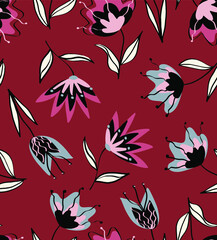 Fototapeta premium Abstract Hand Drawing Vintage Oriental Flowers Tulips and Leaves Repeating Vector Pattern Isolated Background 