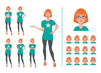 Young woman with ginger hair in green t-shirt and leggings. Different gestures isolated vector illustration with twelve facial expressions.