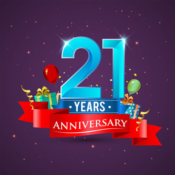 21st Anniversary celebration logo, with gift box and balloons, red ribbon.