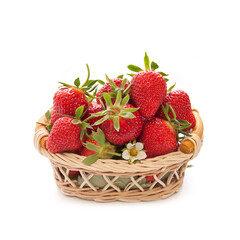 Ripe strawberries in the basket on a white background