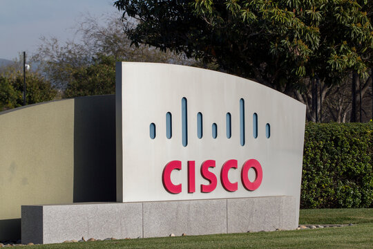 Milpitas, CA, USA - Feb 27, 2020: The CISCO sign at American multinational technology conglomerate Cisco Systems, Inc.'s corporate campus in Milpitas, California.