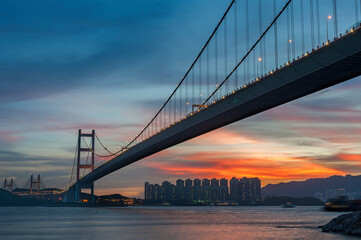 Tsing Ma bridge in Hiong Kong under sunset