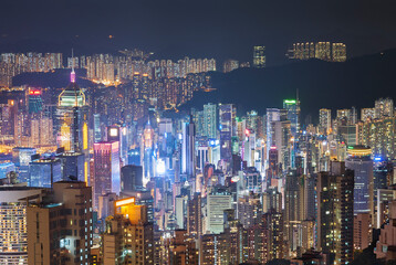 Aerial view of downtown district of  Hong Kong city at night
