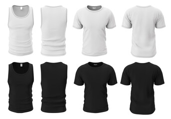 Mockup of underwear, clothing template isolated on white background. 3d illustration of a men's undershirt and T-shirt in white and black color in front and back views.