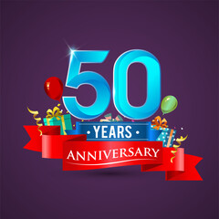 50th Anniversary celebration logo, with gift box and balloons, red ribbon.