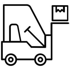 
An icon showing  stacker vehicle with a pallet, lifting package, used in warehouse management 
