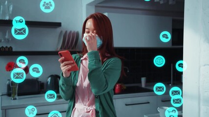 Happy Ginger Chinese Woman with Face Mask Browsing Smartphone Internet Social Media with Cloud Technology User Interface Animation. Notifications. Popularity. Quarantine. - Powered by Adobe