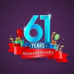 61st Anniversary celebration logo, with gift box and balloons, red ribbon.
