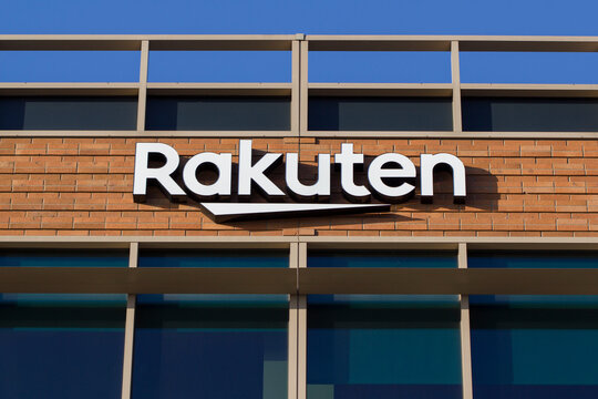 San Mateo, CA, USA - Feb 8, 2020: The Rakuten logo seen at Rakuten San Mateo campus. Rakuten, Inc. is a Japanese electronic commerce and online retailing company based in Tokyo.