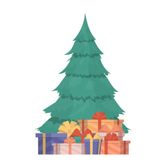 New Year tree with gifts. Green coniferous tree. Gifts under the tree. Suitable for the New Years theme. Vector.