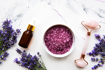 Fototapeta na wymiar Set of natural organic SPA cosmetic with lavender.