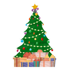 Christmas tree with garlands and gifts. Green coniferous tree. Gifts under the tree. Suitable for the New Year theme. Vector.