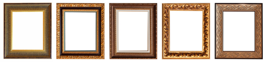 Frames baguettes gold silver set isolated on white background pattern.