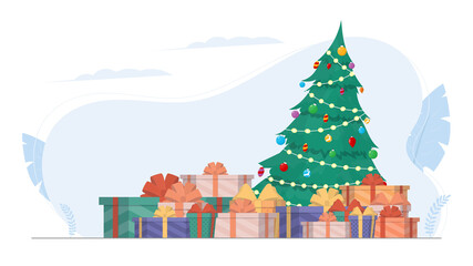 New Year banner with Christmas tree and gifts. Green coniferous tree. Gifts under the tree. Vector.