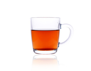 transparent mug with black tea on a white background.