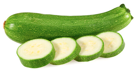 fresh green zucchini or marrow slices isolated on white background. full depth of field. clipping path