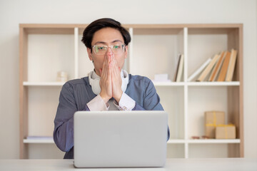 Professional anxiety. Work problem. Bad news. Online conference. Worried asian male employee in...