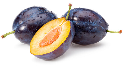 fresh plum fruit with cut plum slices isolated on white background. Clipping path.