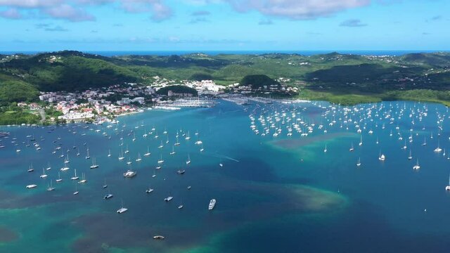 Aerial view Martinique leisure boats marina tropical island lagoon caribbean climate