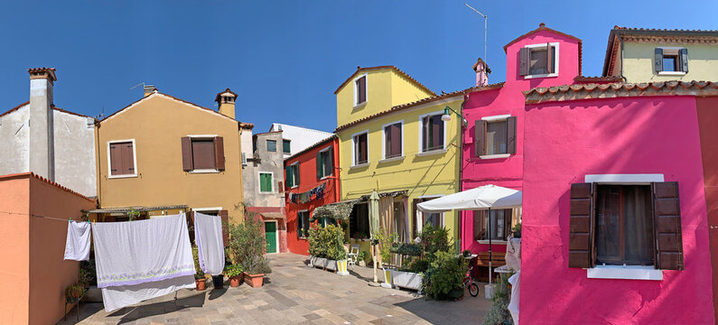 Brightly coloured houses at Burano, island in the Venetian Lagoon, Venice, Italy