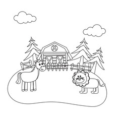 Creative vector childish Illustration. horse and lion in the field with cartoon style. Childish design for kids activity colouring book or page.